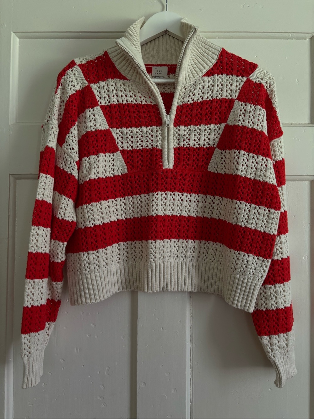 Red & Cream Striped Half-Zip Crochet Americana Sweater